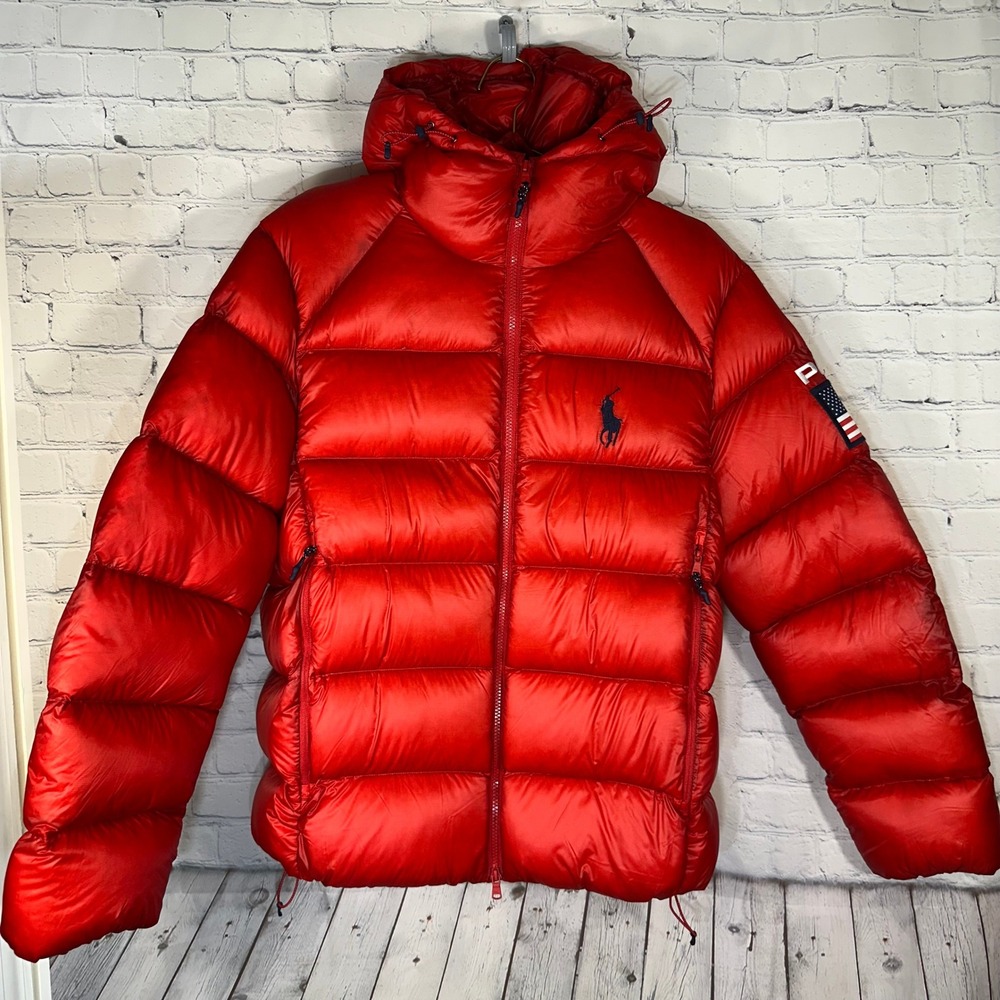 Polo Ralph Lauren USA Red Down Puffer Jacket Mens Medium Hooded Flag Patch Coat
